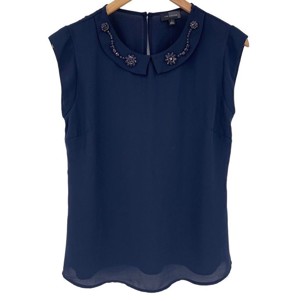 The Limited Rhinestone Embellished Collar Sleeveless Blouse Women Small Navy NWT